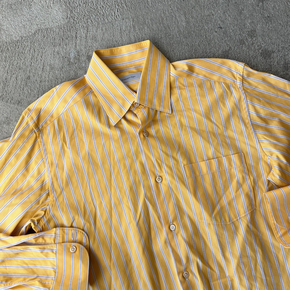 Ermenegildo Zegna Shirt Mens Medium Yellow Stripe Made In Italy Cotton Button Up - Picture 3 of 7